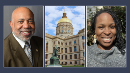 A three panel graphic showing Dewey McClain on the left, the Georgia State Capitol in the middle, and Ogechi Oparah on the right