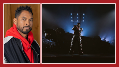 On the left is a portrait of Miguel. On the right he is performing on the stage