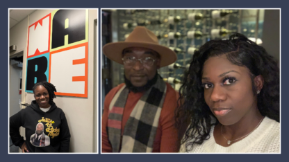 On the left, Mildred Pierre stands in front of the WABE logo. On the right, a picture of Pierre and Rodney Taylor