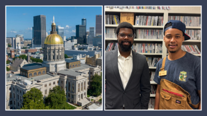 On the left, an image of the Georgia State Capitol, and on the right, Christopher Bruce and Eric Bell stand in front of a bookcase