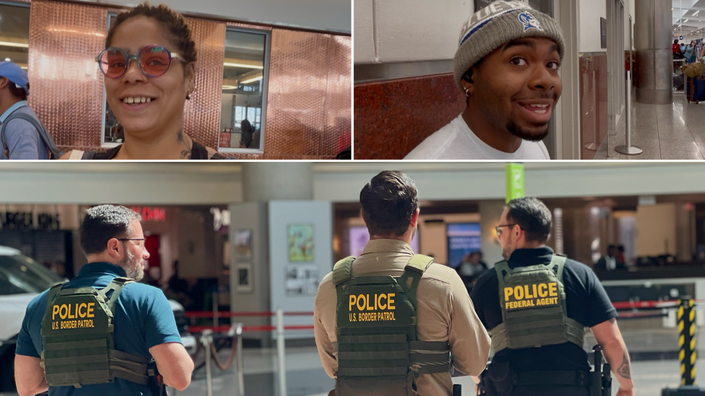 A portrait of a woman on the top left, a portrait of a man on the top right, and ICE officers on the bottom