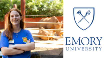 A person on the left next to a white rhino and the Emory University logo on the right.