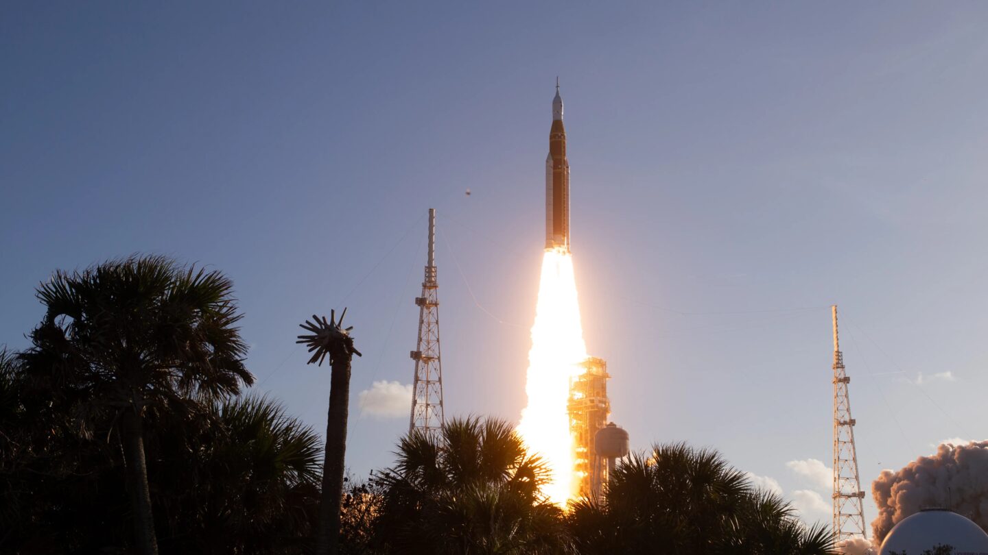 NASA’s Space Launch System rocket and Orion spacecraft lifting off.