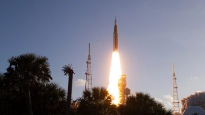 NASA’s Space Launch System rocket and Orion spacecraft lifting off.