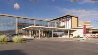A rendering of a hospital with large glass walls