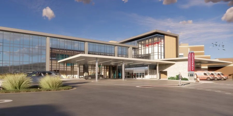 A rendering of a hospital with large glass walls