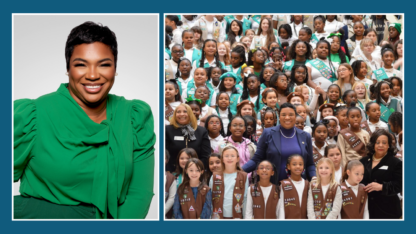 On the left, a portrait of Jai Ferrell, and on the right, a large group of Girl Scouts