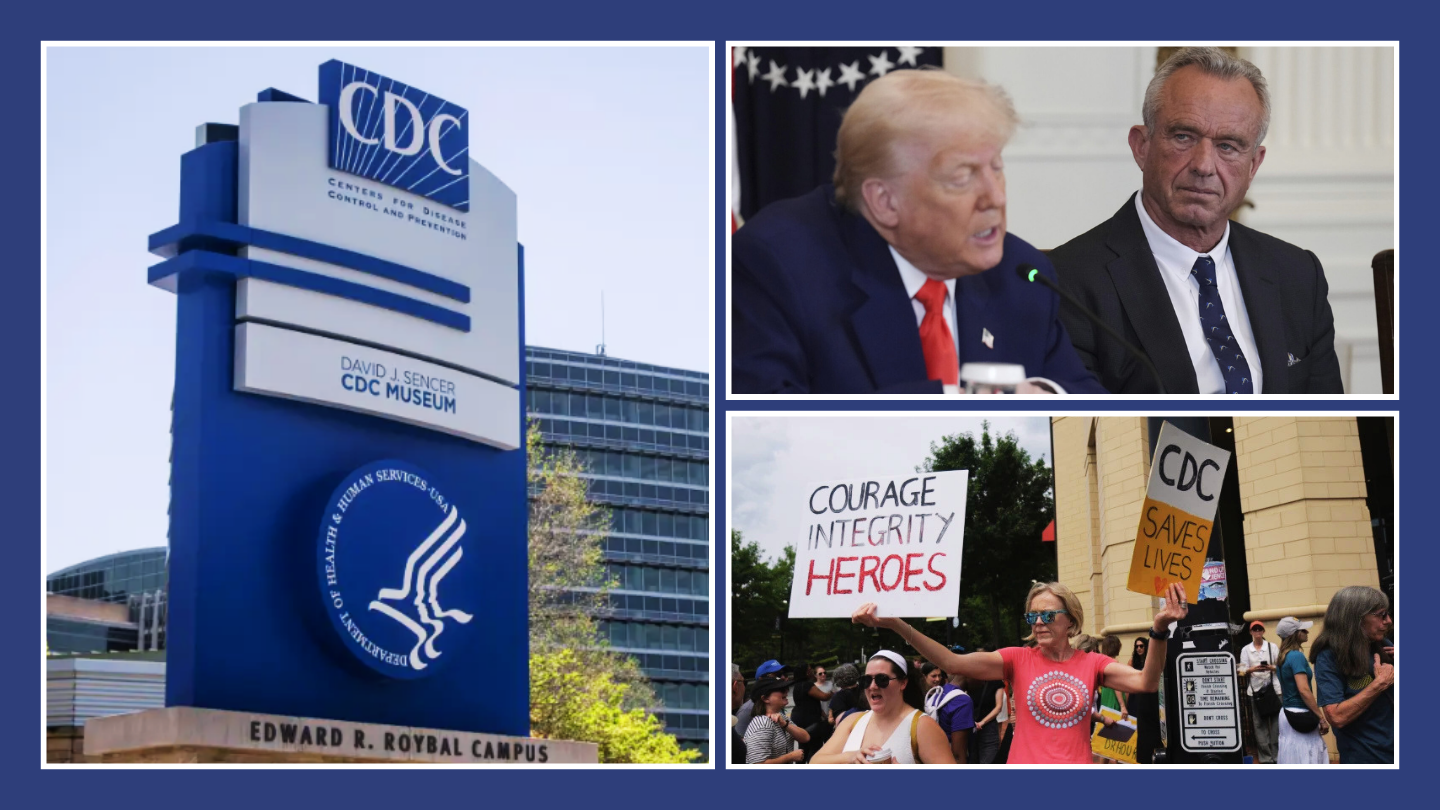 On the left, the main sign of the CDC. On the top right, Donald Trump and RFK Jr side by side. On the bottom right, protesters hold signs in support of CDC workers