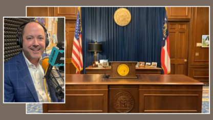 On the left is a portrait of Chris Carr at the WABE studio. On the right is the governors desk.