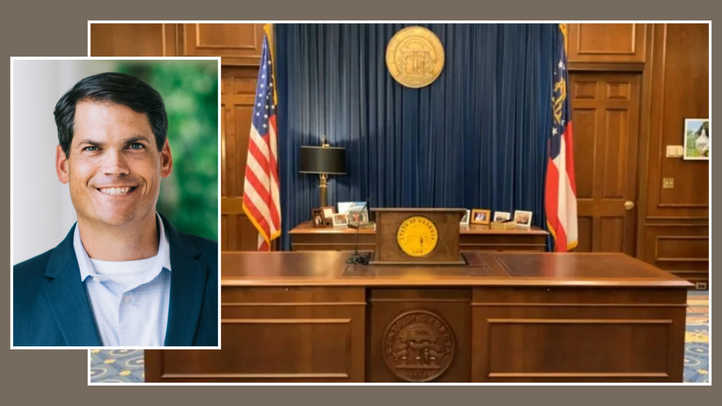 On the left, a portrait of Geoff Duncan, and on the right is the governors desk
