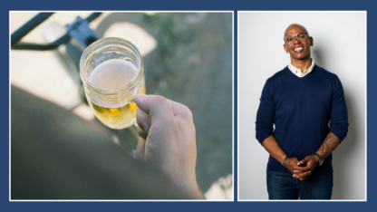 On the left, a person is holding a mug of beer. On the right, Atlanta City Councilmember Jason Dozier stands against a white wall