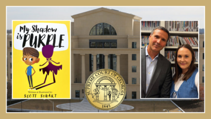 On the left the yellow book cover of My Shadow is Purple, in the middle, the Georgia Supreme Court building, and on the right, attorney Craig Goodmark and teacher Katie Rinderle.