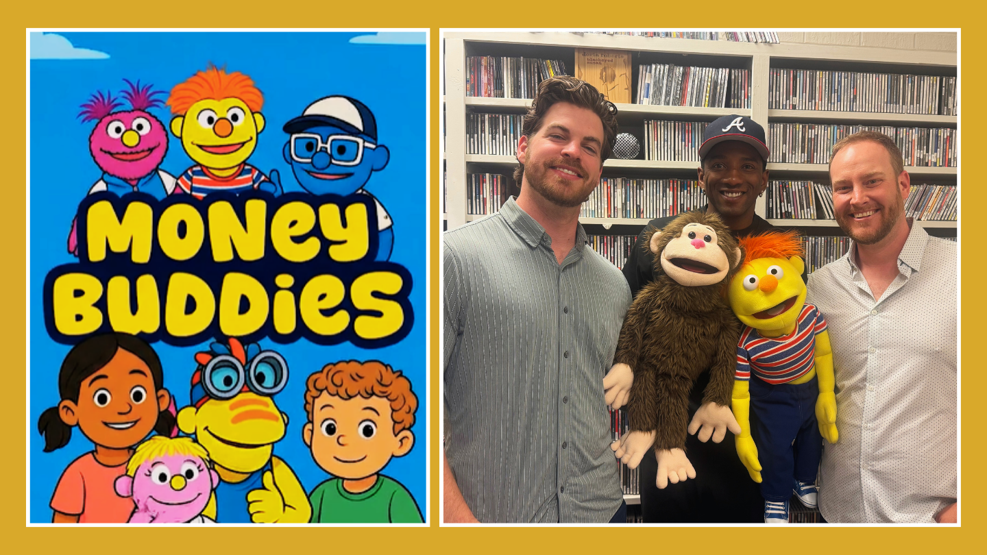 On the left, the blue poster for Money Buddies that shows a multitude of cartoon characters. On the right, three people hold puppets and stand in front of a bookcase.