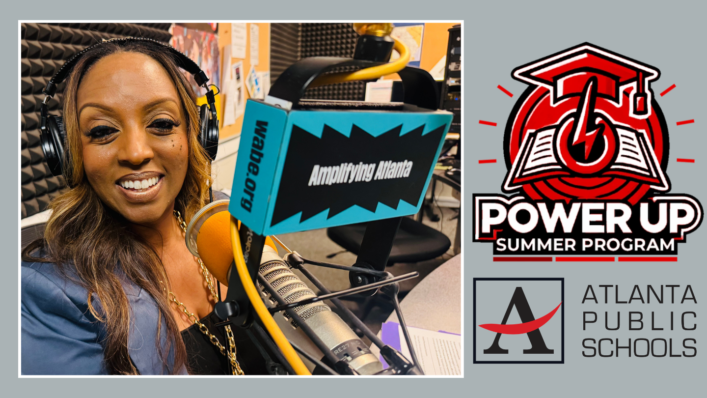 Shelly Goodrum sits in the WABE studio next to a microphone on the left. The red Power Up logo on the right with the Atlanta Public Schools logo
