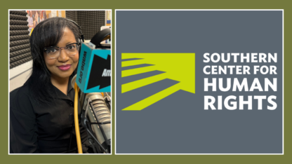 On the left, Terrica Redfield Ganzy sits at the WABE studio with a microphone in front of her, and on the right is the logo for the Southern Center for Human Rights.