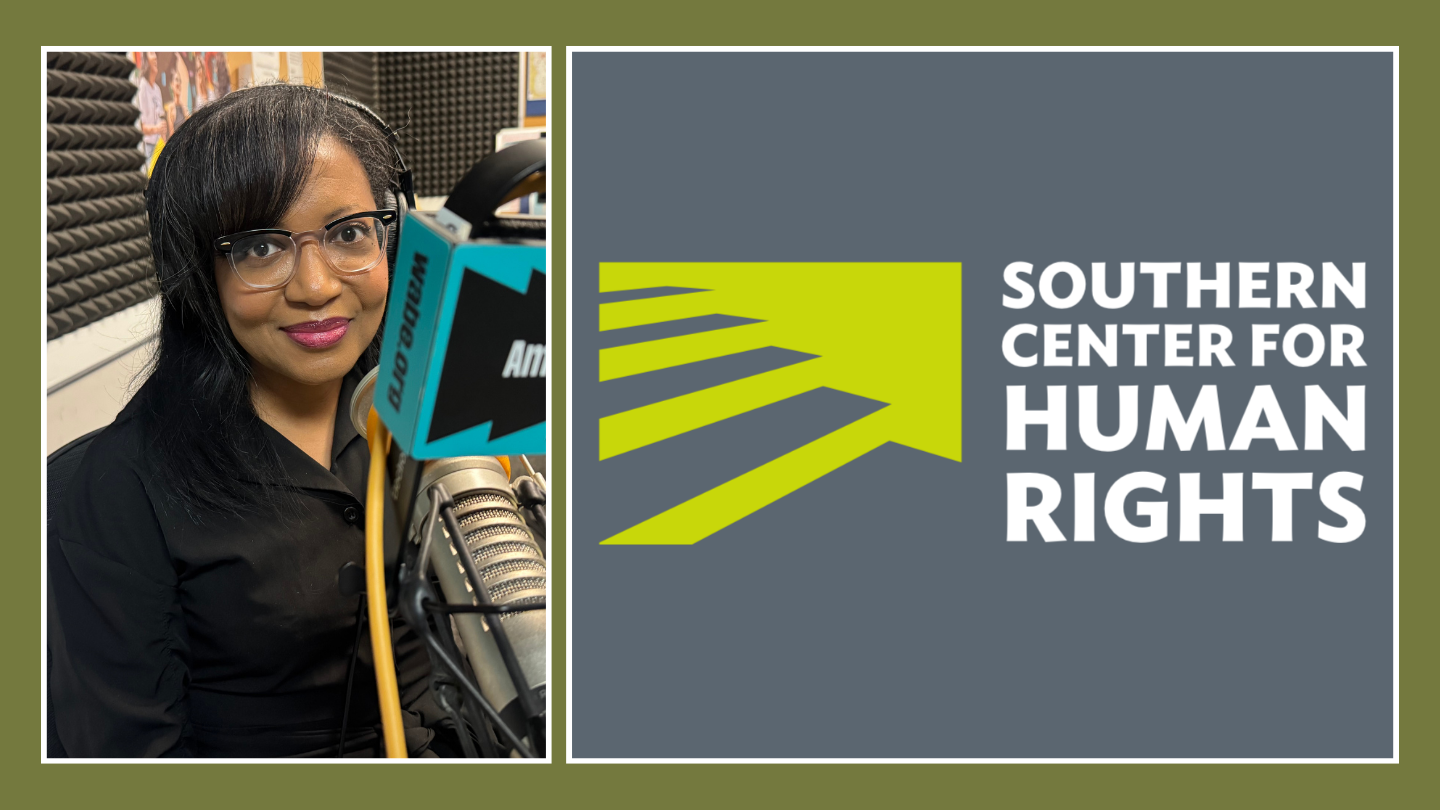 On the left, Terrica Redfield Ganzy sits at the WABE studio with a microphone in front of her, and on the right is the logo for the Southern Center for Human Rights.