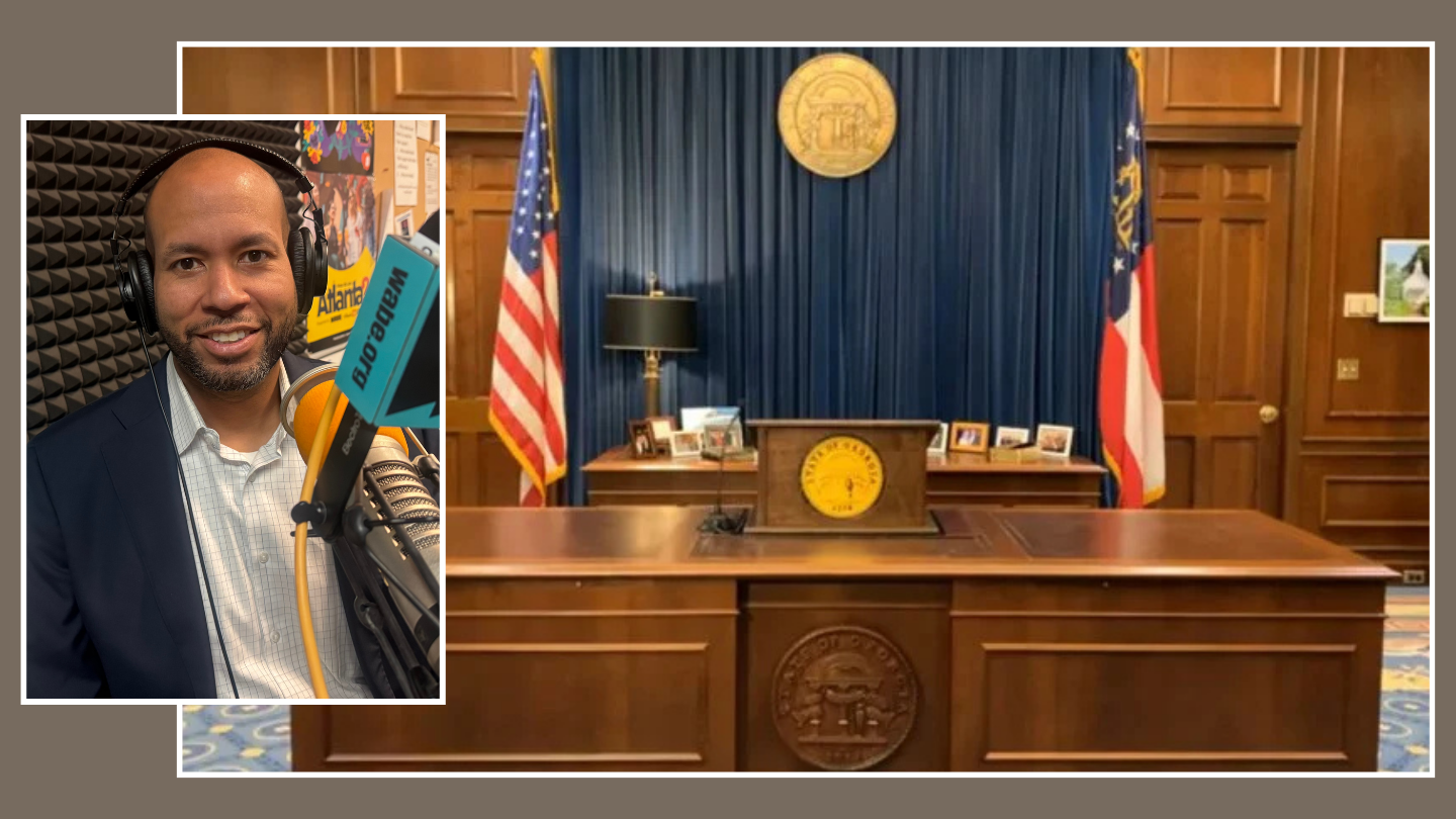 On the left, a portrait of Jason Esteves at the WABE studio. On the right, the governor's office