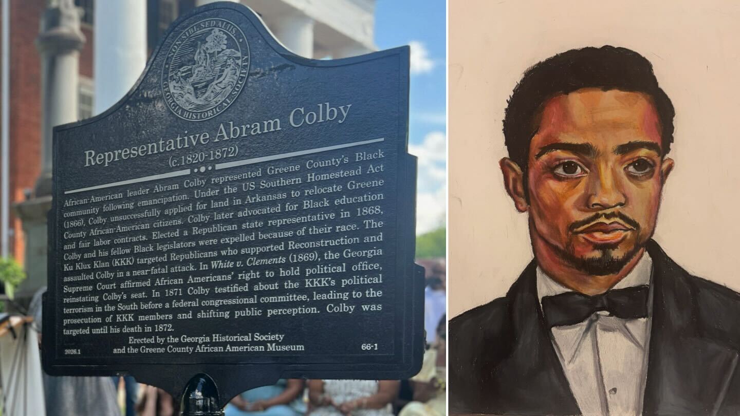 On the left, a historical marker. On the right, a hand drawn picture of Abram Colby.