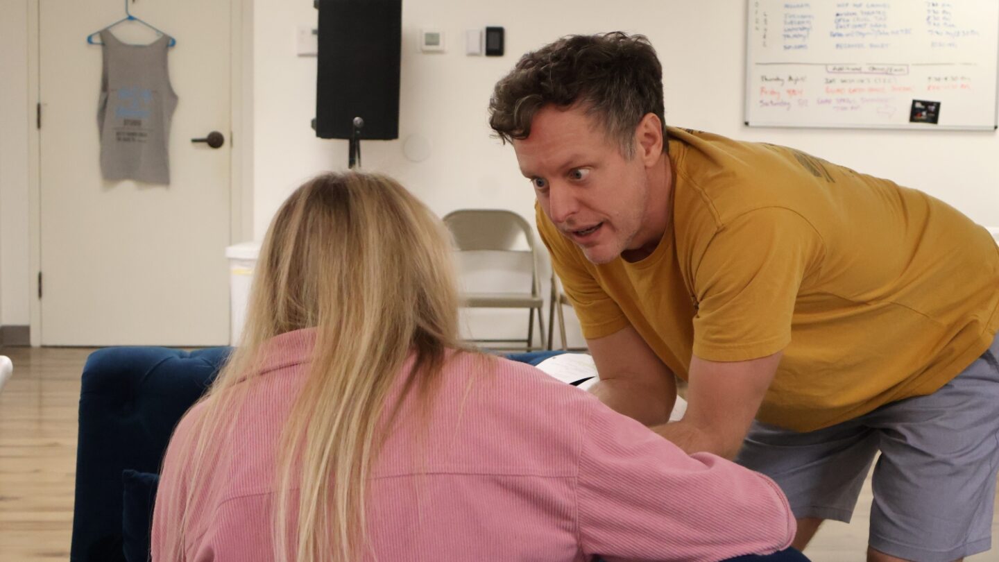 Adam Archer, playing Ross, rehearses with Virginia Elliot, playing Phoebe, for M.A.C.B.E.T.H. at Art Farm at Serenbe in Chattahoochee Hills.