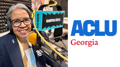 On the left is Andrea Young next to a microphone in the WABE studio. On the right is the ACLU of Georgia logo