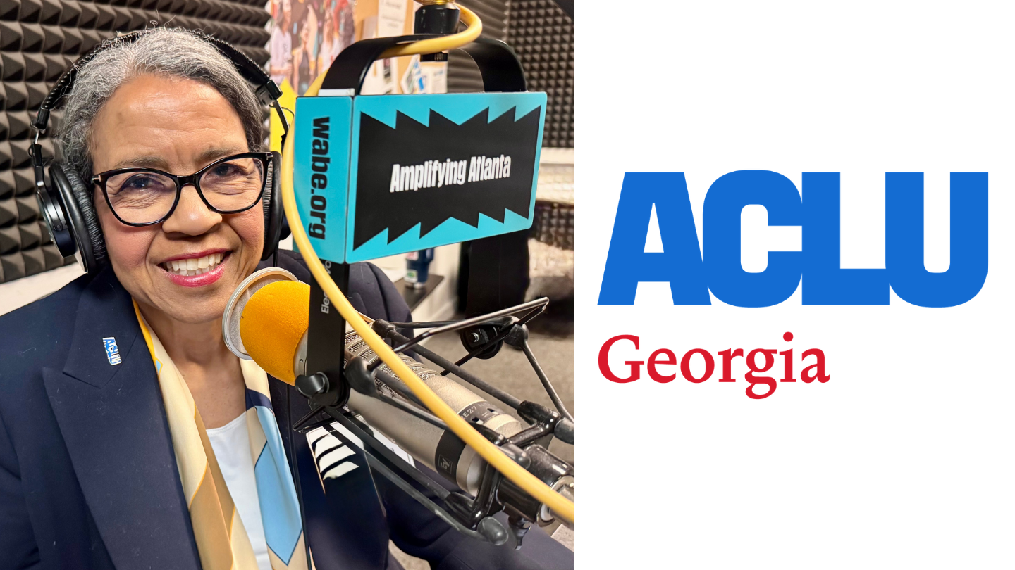 On the left is Andrea Young next to a microphone in the WABE studio. On the right is the ACLU of Georgia logo