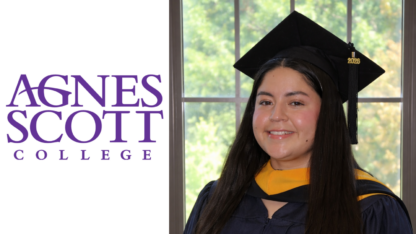 On the left is the purple logo for Agnes Scott College. On the right is a photo of a graduate wearing black gradution attire.