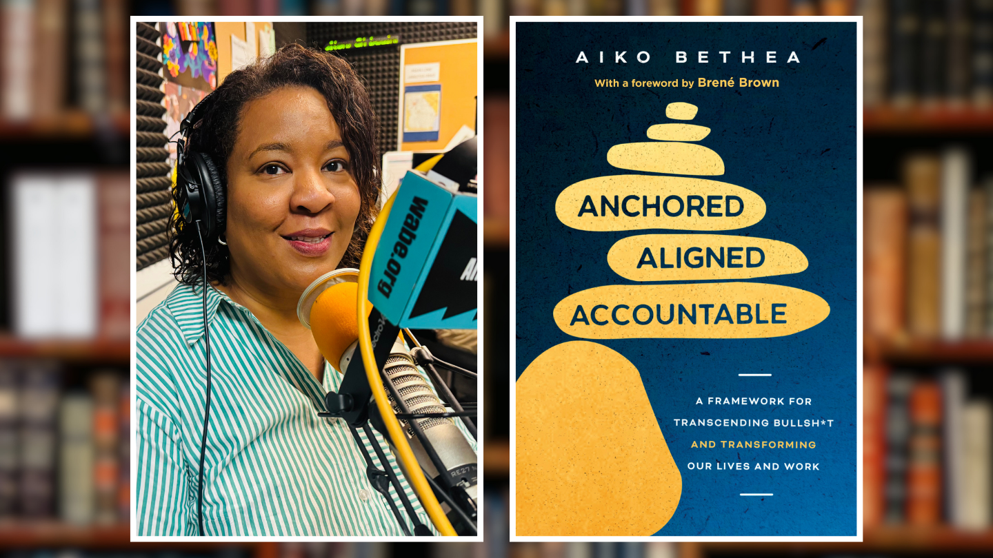 On the left, Aiko Bethea on the mic in the WABE studio. On the right is the blue and yellow cover of her book