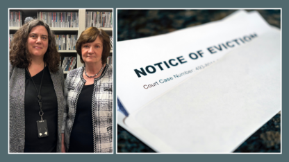 On the left are two women standing side by side, and on the right is an eviction notice.