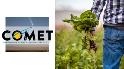 On the left is the COMET logo, and on the right is the hand of a farmer pulling up some radishes