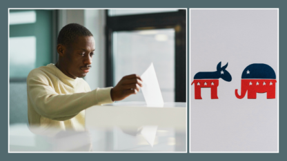 On the left is a person casting a paper ballot. On the right is the donkey and elephant representing Democrats and Republicans