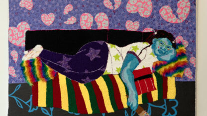 A punch needle textile by Atlanta artist Honey Pierre, featuring bold colors and figurative imagery from her solo show ‘Notions.’