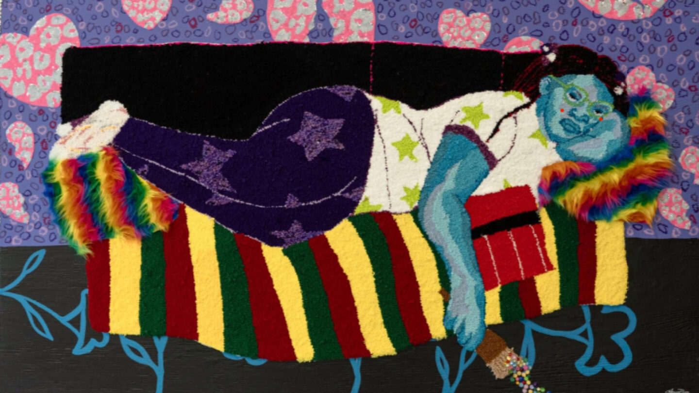 A punch needle textile by Atlanta artist Honey Pierre, featuring bold colors and figurative imagery from her solo show ‘Notions.’
