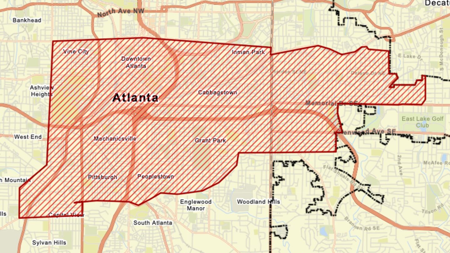 A map of Atlanta showing where a boil water advisory is taking place