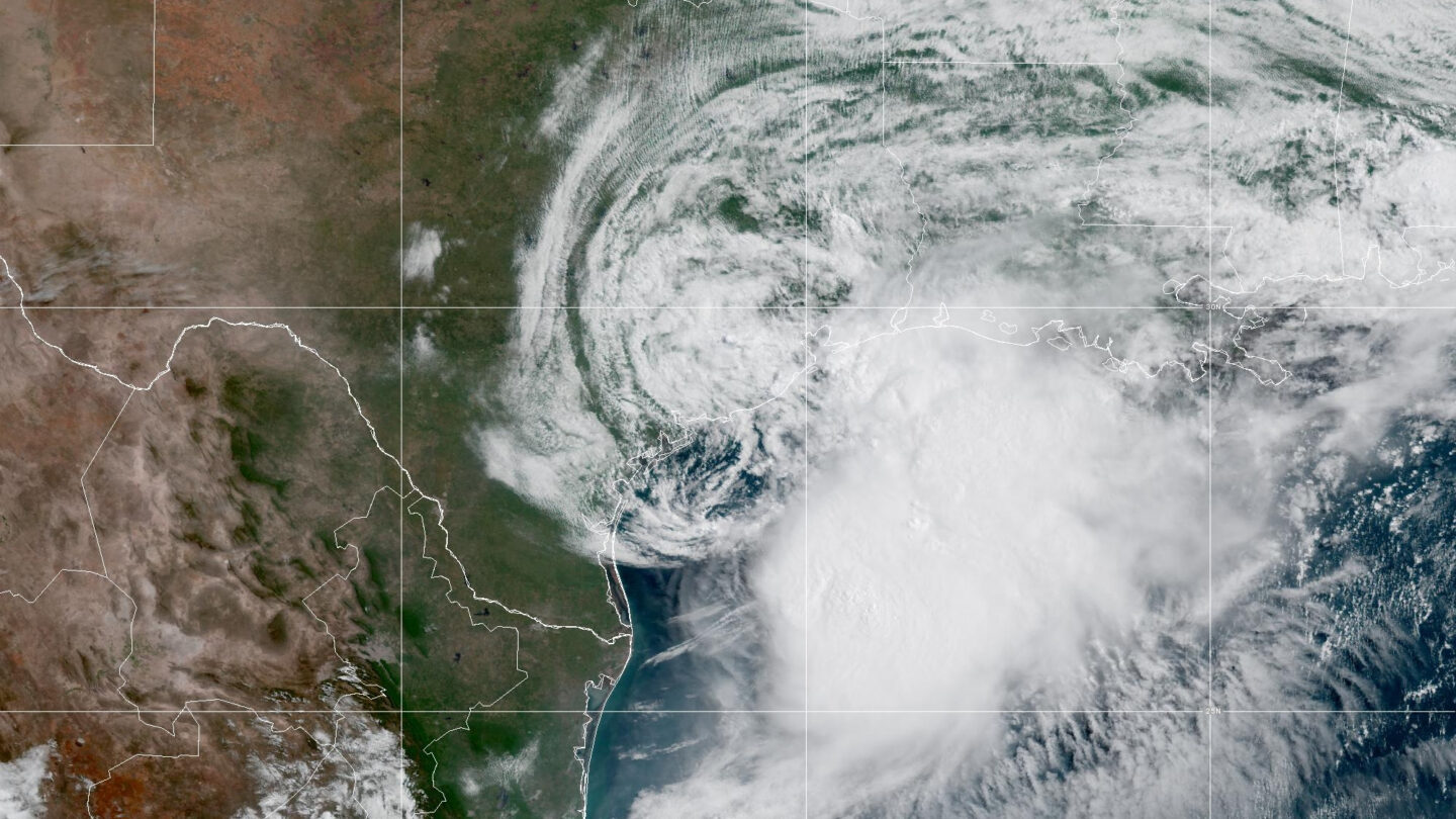 A satellite image shows a tropical storm along the Gulf Coast