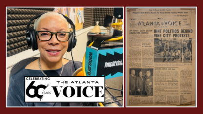 On the left is Janis Ware wearing a set of headphones while sitting in front of a microphone, with The Atlanta Voice logo in front, On the right is a historical copy of The Atlanta Voice.