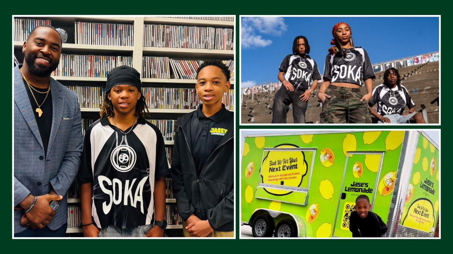 On the left is a group of three people stand in front of the bookcase. On the right is a group of people wearing SOKA t shirts