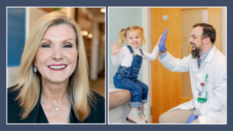 On the left is a portrait of a blonde woman. On the right is a doctor seeing a child patient