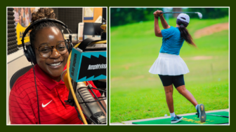 On the left is a woman speaking into a podcast microphone, and on the right is a golfer.