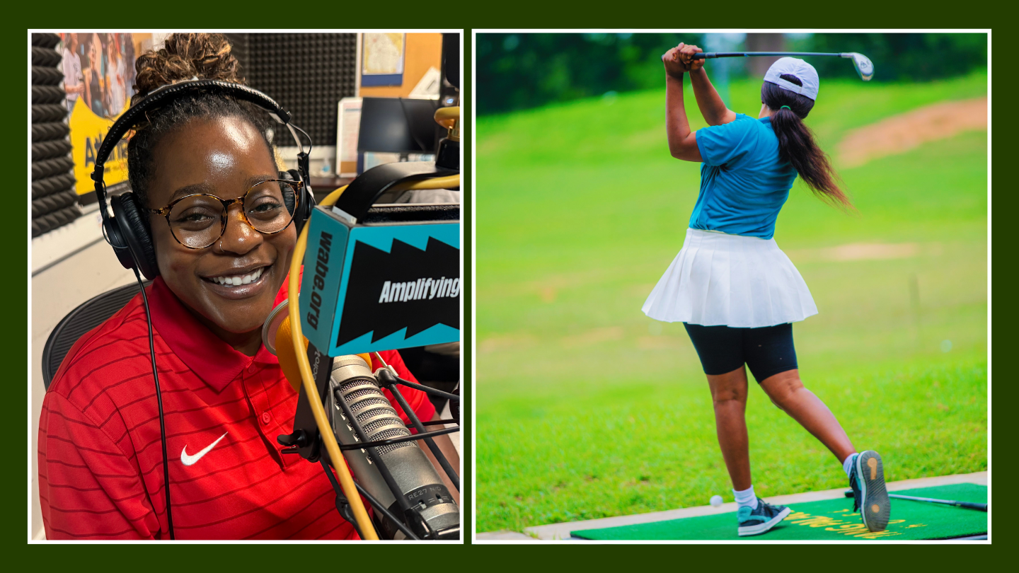 On the left is a woman speaking into a podcast microphone, and on the right is a golfer.