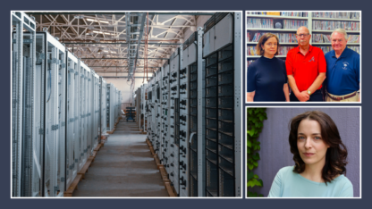On the left is a data center. On the top right, three people stand together in front of a bookshelf. On the bottom right is a portrait of a singular person