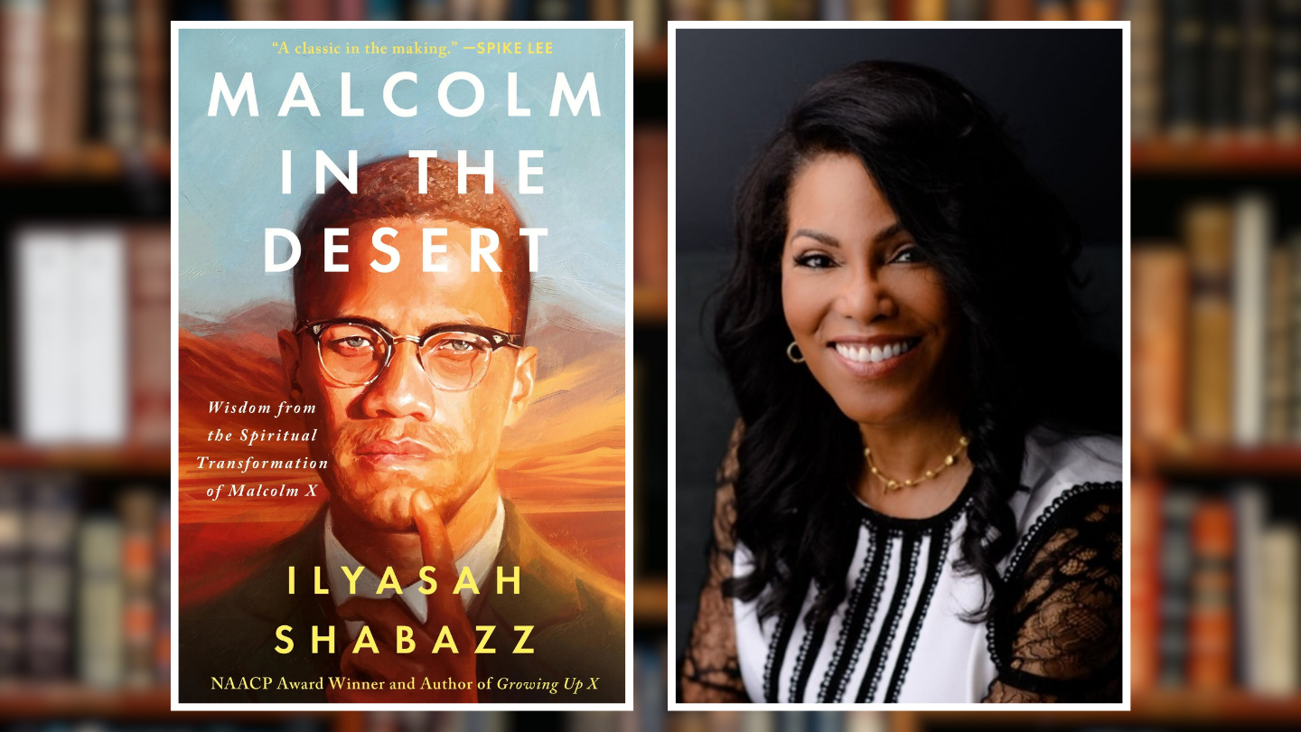 On the left is the cover of a book with a portrait of Malcolm X. On the right, Ilyasah Shabazz wears a striped black and white top.