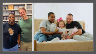 On the left, two men stand next to each other in front of a bookcase, and on the right, two dads read to their daughter.