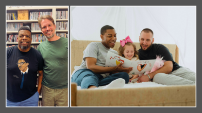 On the left, two men stand next to each other in front of a bookcase, and on the right, two dads read to their daughter.