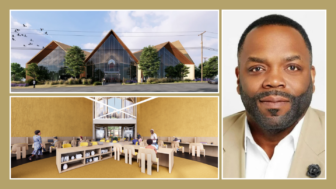 On the top left is a large building with three peaks and glass walls. On the bottom left is a large room with several desks for children. On the right is the portrait of a man.