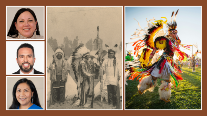 On the left, three portraits of people, in the middle, a historical photograph of Native Americans standing in a row, and on the right, a contemporary photo of a person wearing traditional clothing