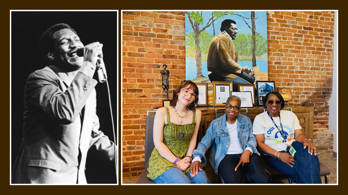 On the left is a black and white portrait of soul singer Otis Redding singing into a microphone, and on the right are Sara Mazanec, Zelma Redding and Karla Redding-Andrews sitting on a bench.