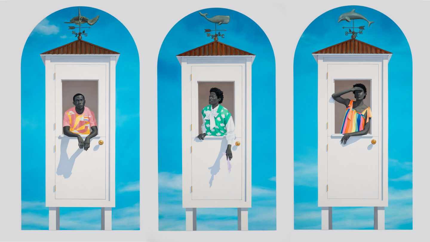 A triptych painting showing three figures, each emerging from a white doorway structure topped with a weather vane, set against an open blue sky with clouds.