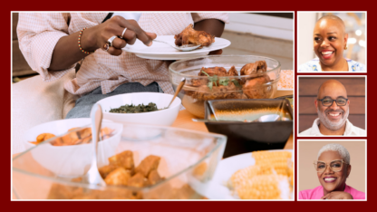 On the left, a person eats chicken wings, corn on the cob, greens and other dishes. On the right is three portraits of guests
