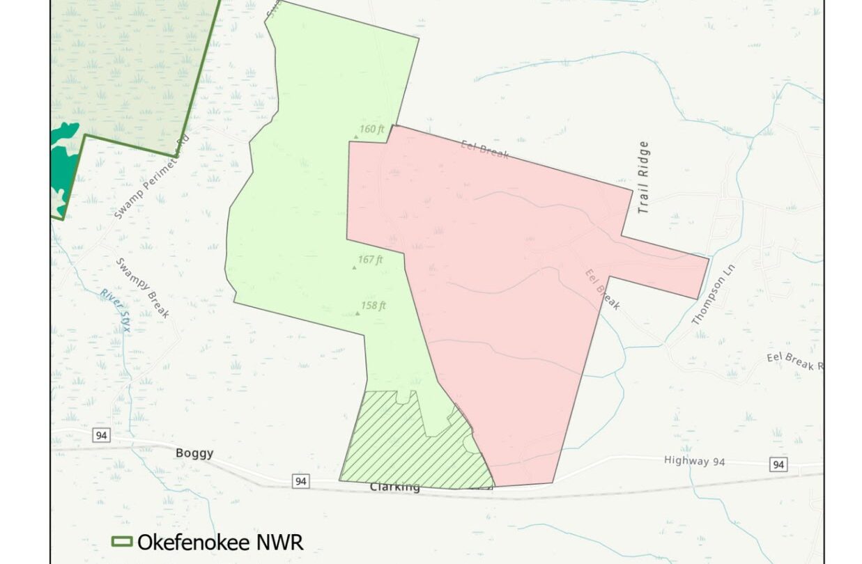A map showing properties near the Okefenokee National Wildlife Refuge, including the Twines Pines property, Georgia Wildlife Management Area, The Conservation Fund, and the Twin Pines demonstration mine area.