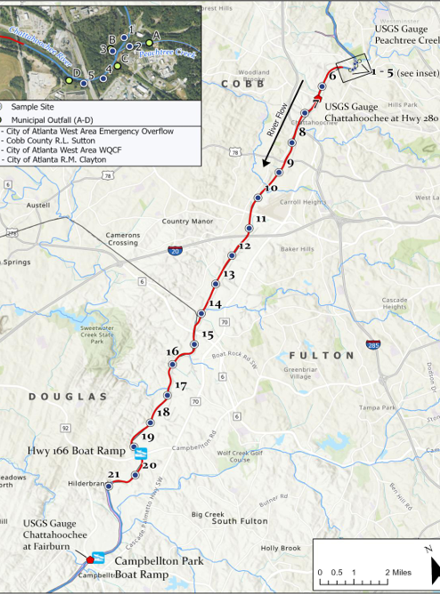 A map of the Chattahoochee highlighting where the WRD sampled the water after the fish kill, as well as the length of the fish kill down the river.